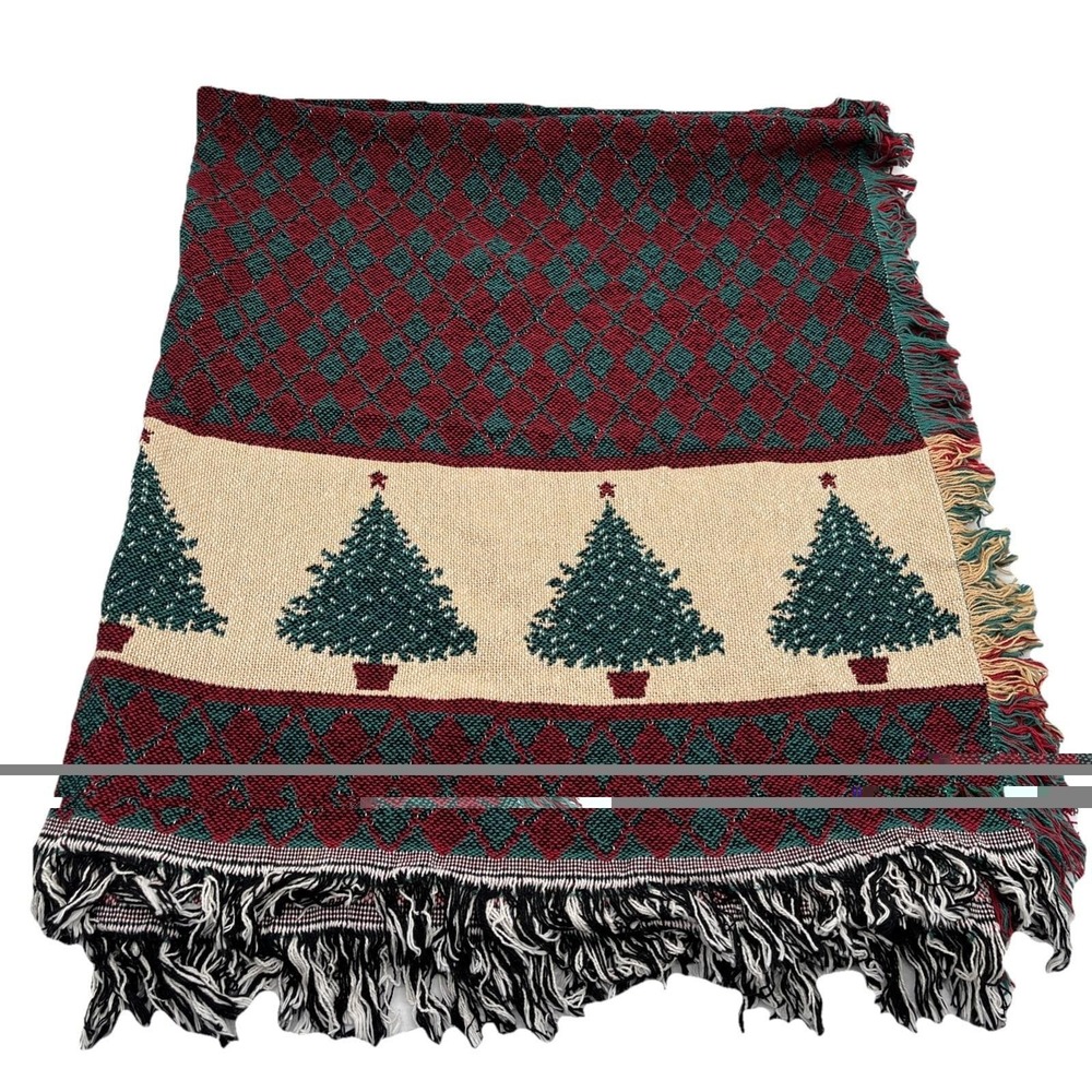 Vintage Fieldcrest Christmas Throw 50x60 in Cotton Woven Blanket Trees USA NOS‎